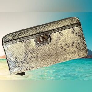 Coach Silver/Grey Ex Large Turnlock Accordion Zip Wallet - Snakeskin Pattern